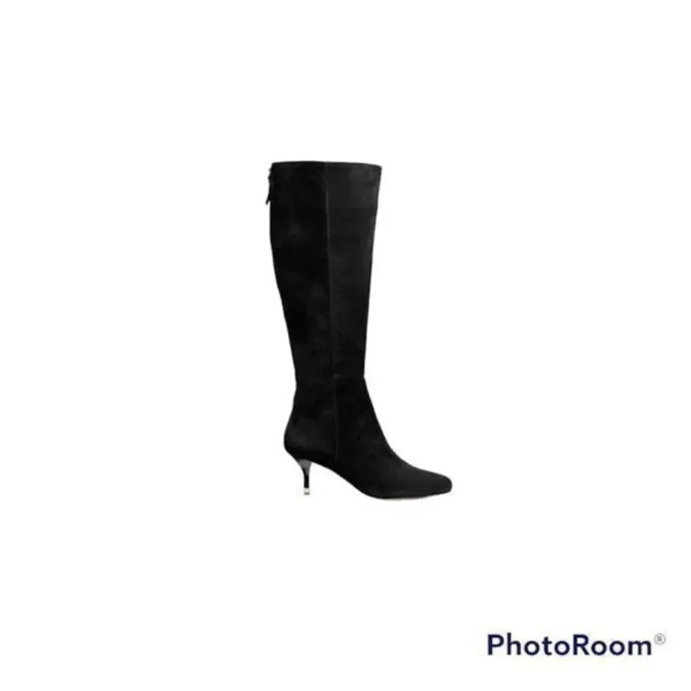 - Coach Women Fayth Black Suede Gold Zipper Kitten Heel Tall Boots
